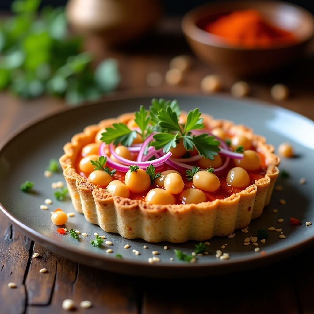 Tartaleta vegana sin horno con base dorada de amaranto y semillas de sésamo, rellena de crema de garbanzos especiada con pimentón de la Vera, decorada con cebolla morada, perejil y garbanzos picados.