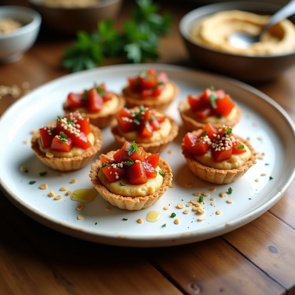 Tartaletas doradas y crujientes rellenas de una mezcla cremosa de garbanzos y pimiento asado, con un toque de comino, servidas en un plato de madera rústico. Receta vegana en airfryer.