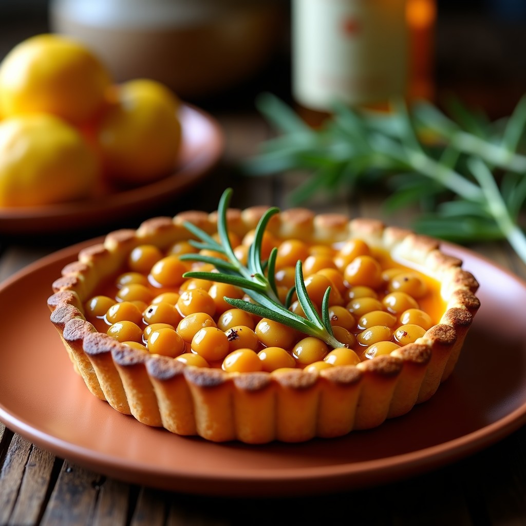 Tartaleta redonda dorada con base de almendra y avena, rellena de garbanzos asados crujientes, decorada con miel de tomillo brillante y hojas de romero fresco, sobre un plato rústico de barro con fondo de madera oscura.