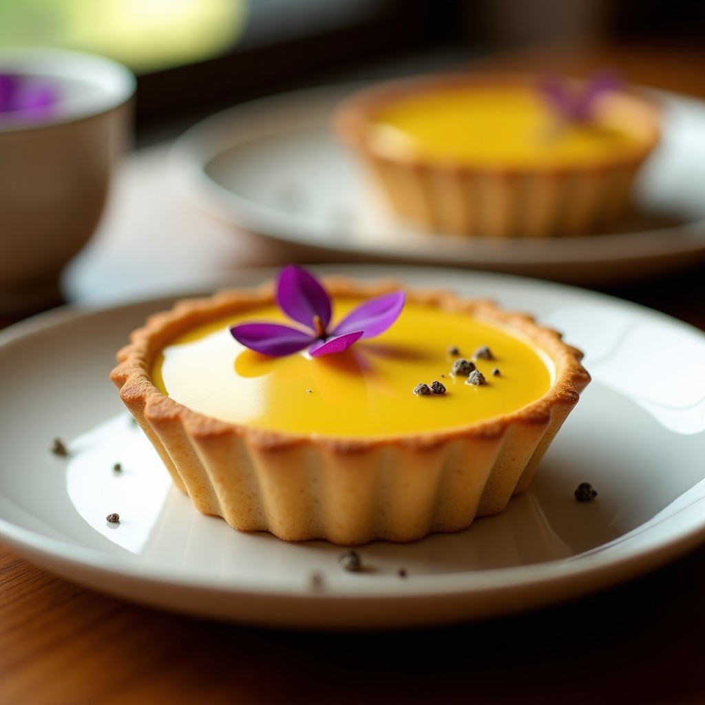 Tartaleta dorada con base de harina de buganvilla y crema de durian amarilla cremosa, decorada con semillas de chía y pétalos de buganvilla morados, postre filipino vegano sin azúcar sobre plato blanco.