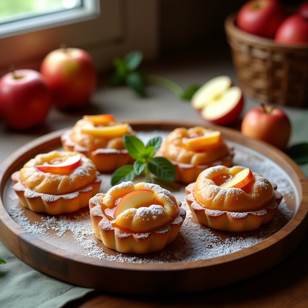 Seis tartaletas de hojaldre doradas con manzanas caramelizadas en su interior, espolvoreadas con azúcar glass, sobre una bandeja de madera rústica.