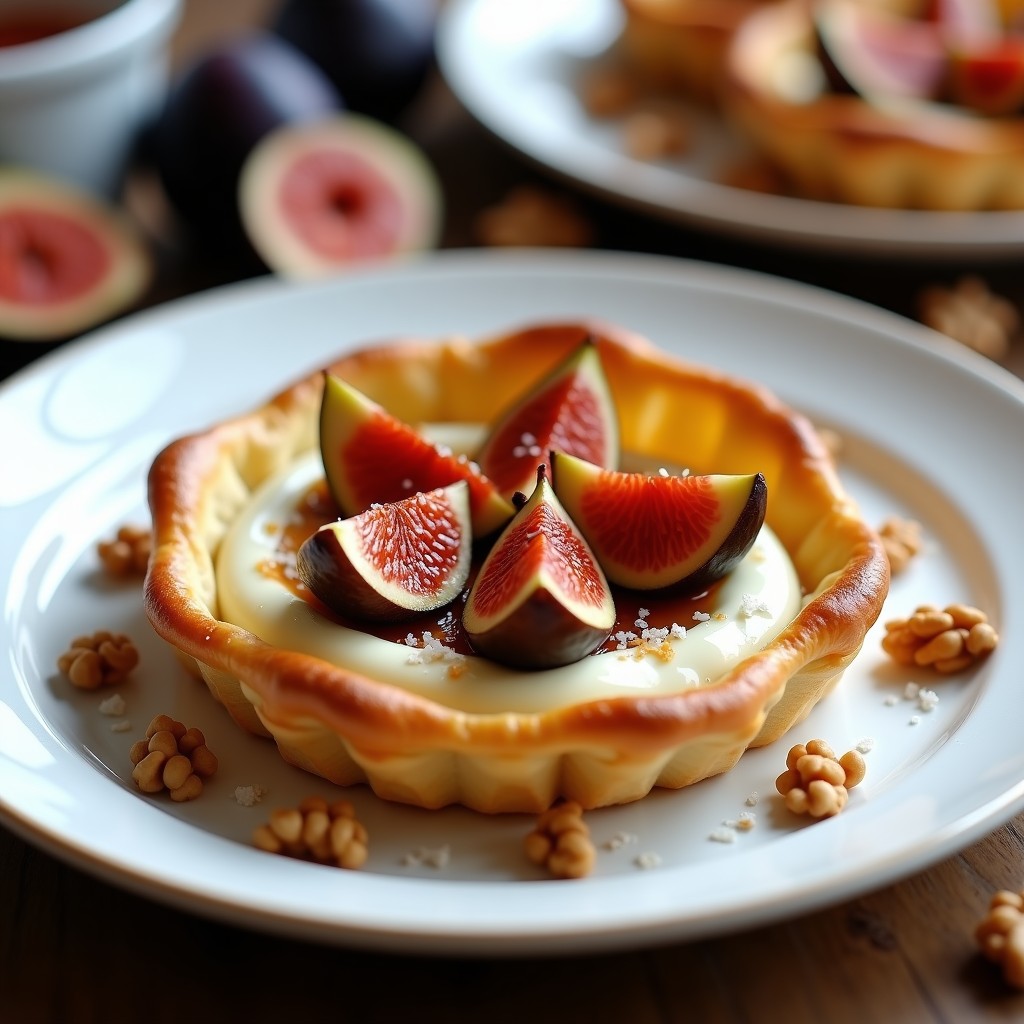 Tartaleta de hojaldre dorado con crema de Roquefort suave y higos caramelizados brillantes, decorada con nueces picadas y escamas de sal, sobre un plato de porcelana blanca con fondo de madera rústica, receta francesa gourmet.