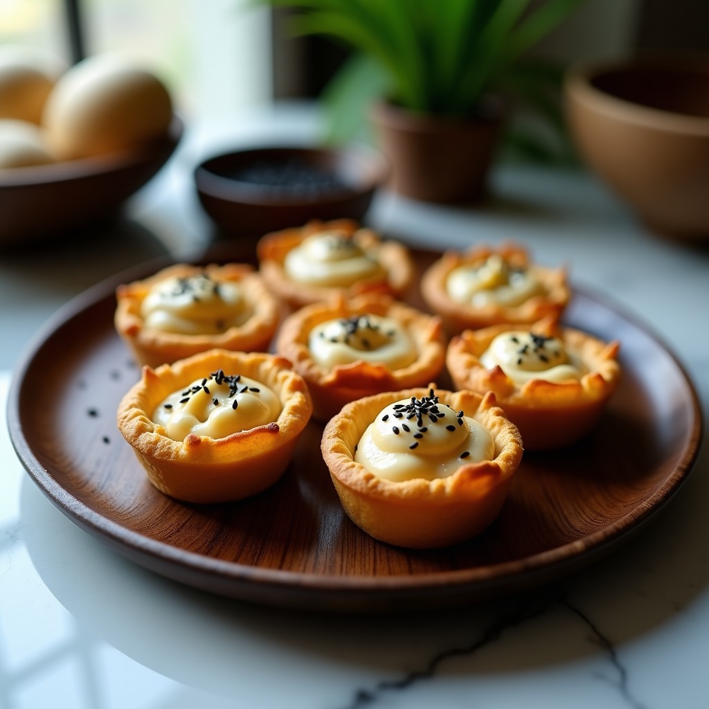 Tartaletas doradas y crujientes rellenas de mezcla de tofu ahumado y hongo Reishi, espolvoreadas con semillas de sésamo negro, servidas en plato de madera oscuro. Receta de tartaletas de Reishi y tofu ahumado en airfryer.