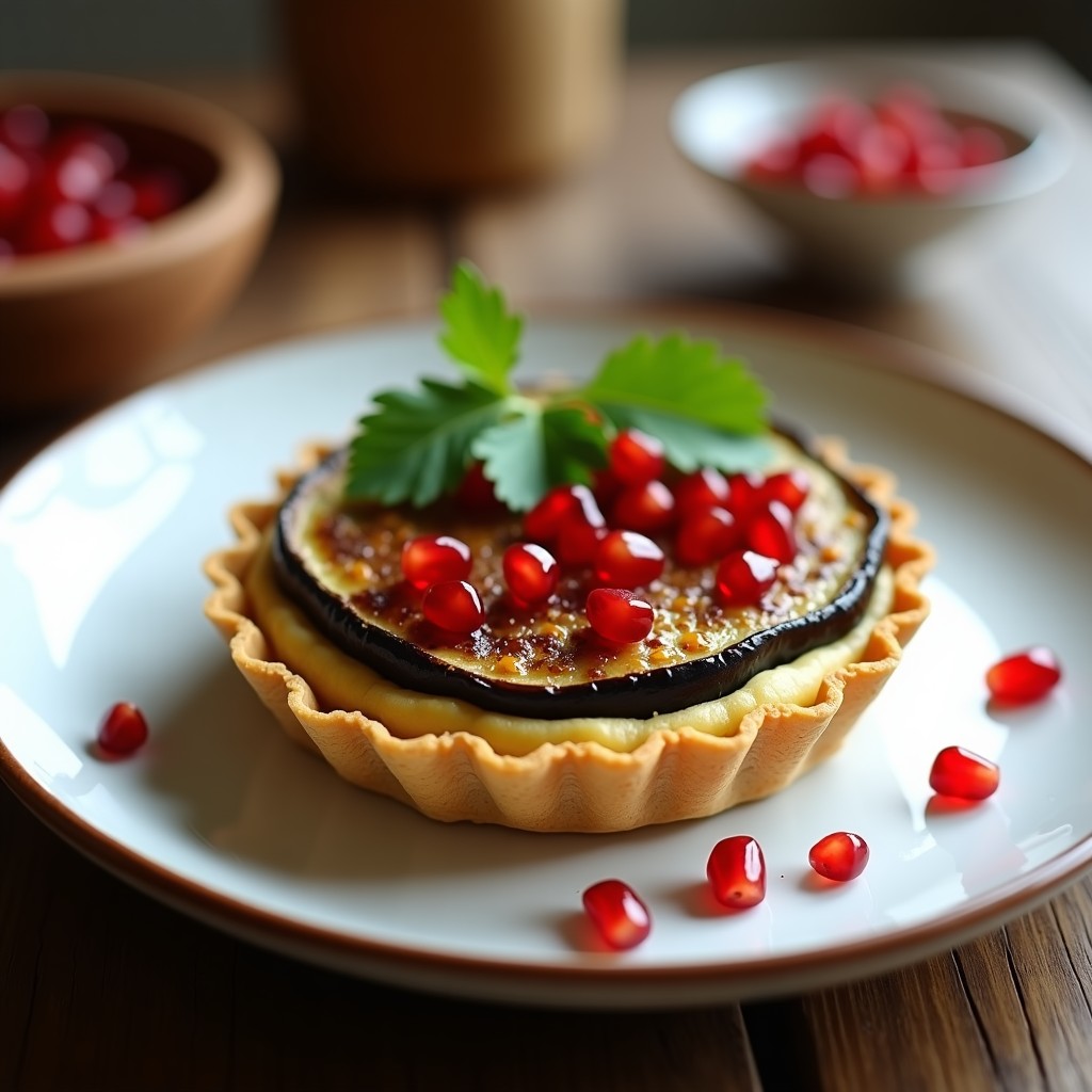 Tartaleta vegana sin harina con base crujiente de semillas de girasol y lino, rellena de hummus cremoso y coronada con rodaja de berenjena ahumada, granos de granada y perejil fresco, presentada en plato blanco sobre fondo rústico.