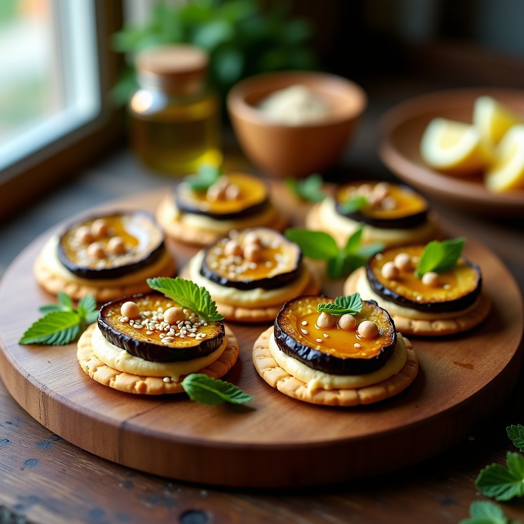 Tartaletas veganas sin horno con base crujiente de galleta integral, rellenas de hummus cremoso y coronadas con rodajas de berenjena asada dorada, semillas de sésamo, garbanzos picados y un hilo de aceite de oliva virgen extra, decoradas con hojas de menta fresca sobre un plato de madera rústica.