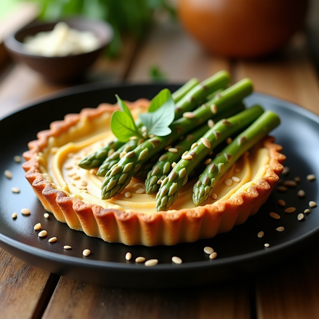Tartaletas veganas crujientes de semillas rellenas de hummus cremoso y espárragos blancos asados, con decoración de perejil y pimentón ahumado, sobre fondo rústico de madera.