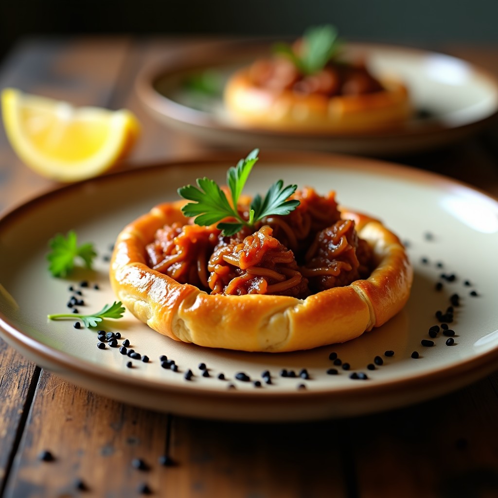Tartaleta vegana dorada con relleno de jackfruit desmenuzado y salsa BBQ ahumada, servida en plato blanco con cilantro fresco. Receta rápida en airfryer con toque gourmet.