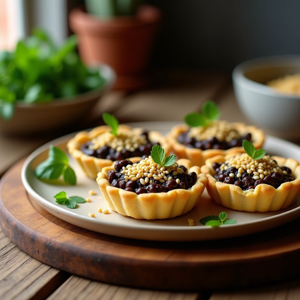 Tartaleta vegana sin horno de lenteja beluga y puerro con base crujiente de semillas de girasol, calabaza y sésamo, decorada con cilantro fresco y aceite de oliva virgen extra.