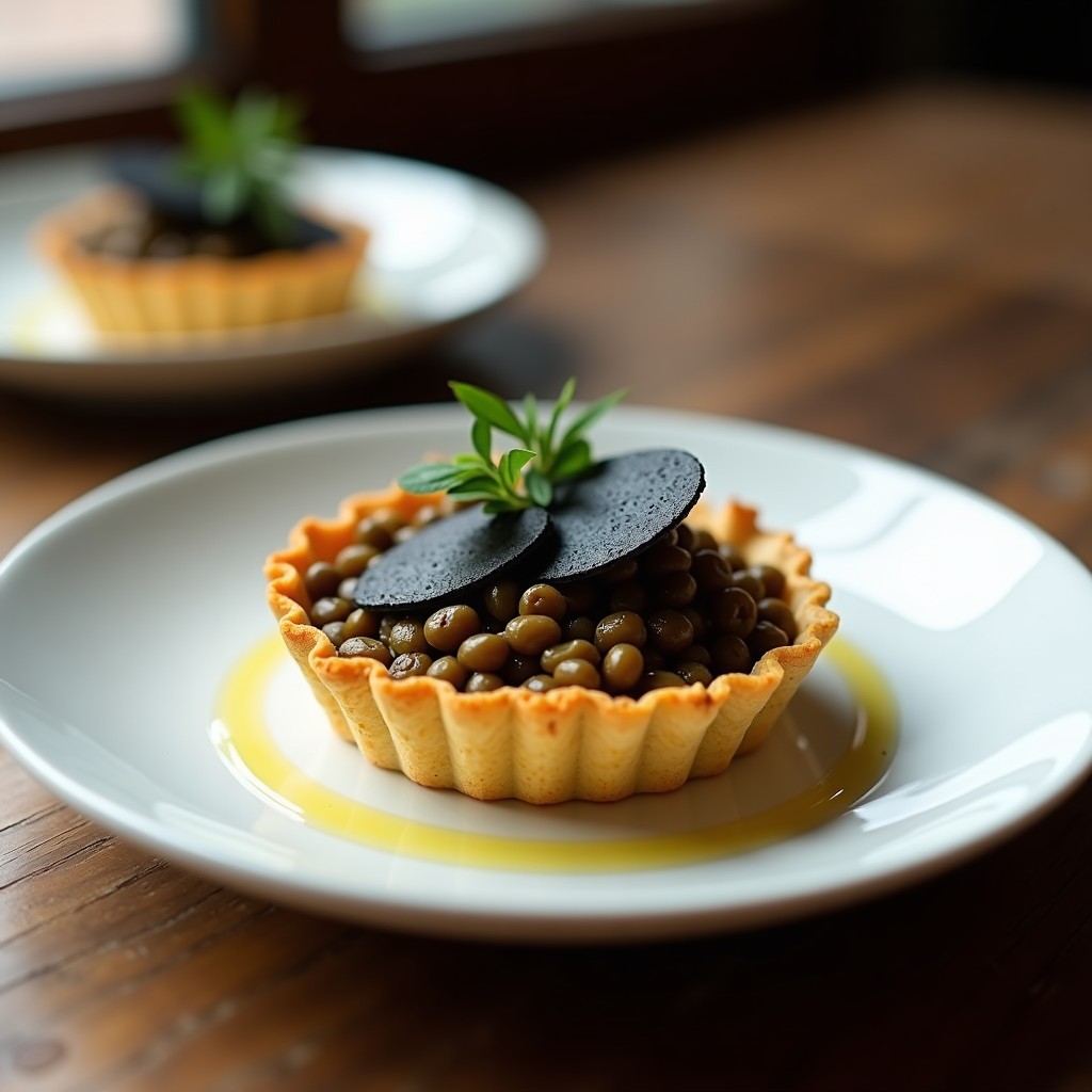 Tartaleta vegana gourmet de lentejas beluga y trufa negra en Thermomix, presentada en molde dorado con láminas de trufa y aceite aromatizado, sobre fondo rústico de madera.