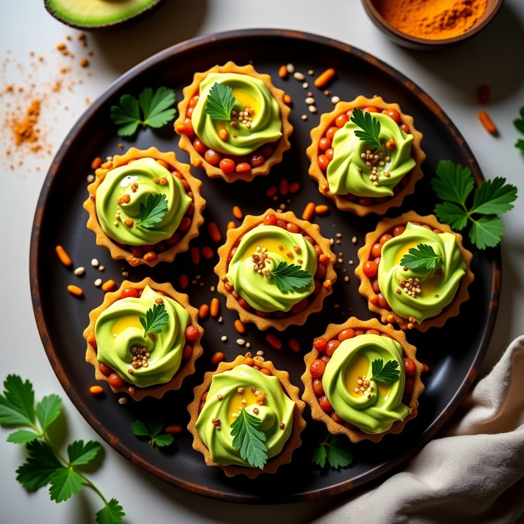 Tartaletas veganas doradas con base crujiente de harina de garbanzo y cúrcuma, rellenas de lentejas rojas y crema de aguacate verde brillante, decoradas con semillas de sésamo y cilantro fresco sobre fondo rústico de madera.