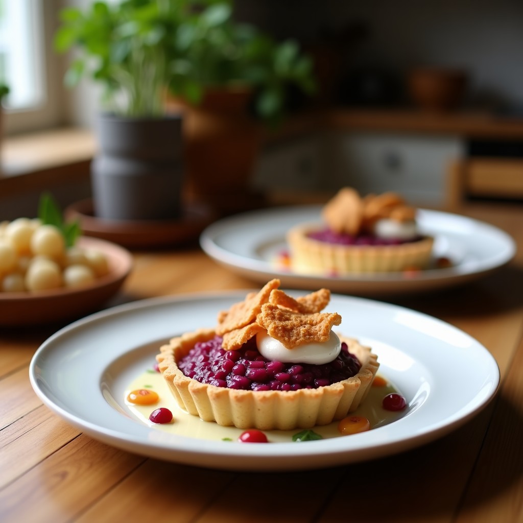 Tartaleta dorada con puré cremoso de lentejas rojas y cebolla morada caramelizada, coronada por coco rallado tostado y semillas de sésamo, servida en plato blanco con hojas de cilantro fresco.