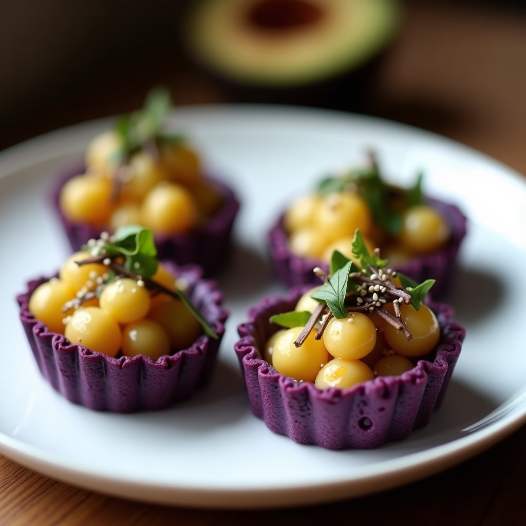 Tartaletas de maíz morado crujientes rellenas de ceviche de champiñones portobello y shiitake marinados en leche de tigre, decoradas con alga nori y semillas de sésamo, servidas en un plato de cerámica blanca con fondo rústico.