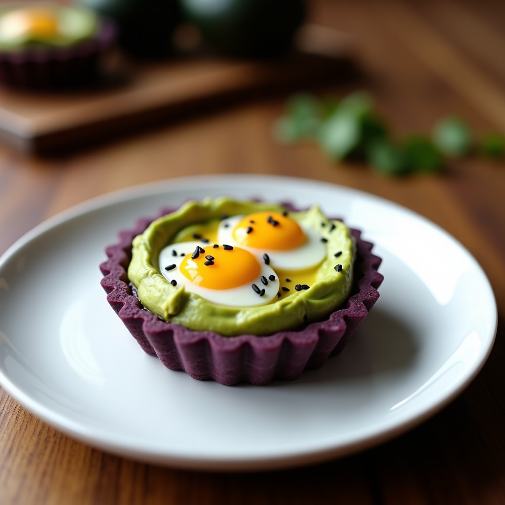 Tartaleta de maíz morado dorada con relleno cremoso de guacamole verde, coronada por dos huevos de codorniz abiertos mostrando su yema líquida, espolvoreada con semillas de sésamo negro sobre un plato de cerámica blanca.