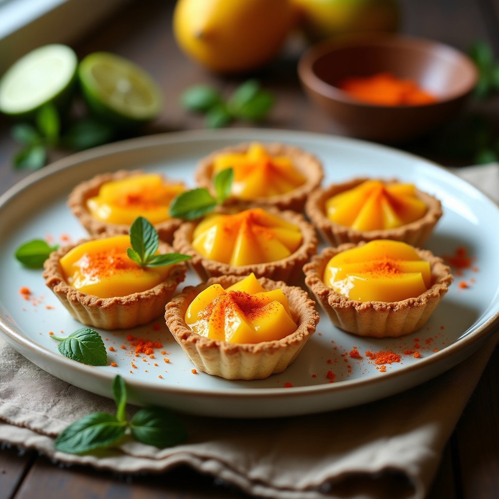 Tartaletas veganas de mango y chile picante en moldes individuales, con base crujiente de anacardos y relleno dorado de mango fresco espolvoreado con tajín, servidas en plato blanco rústico.