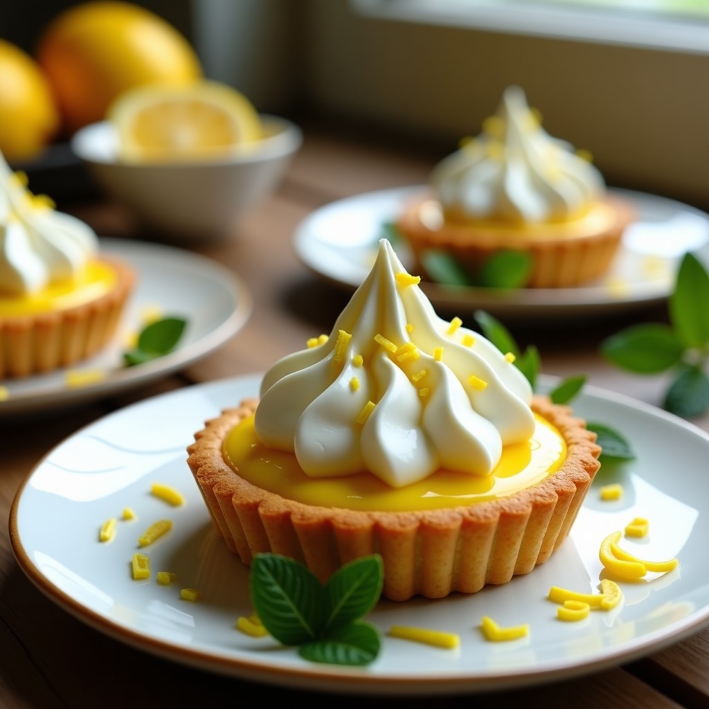 Tartaleta de masa de almendra dorada con relleno cremoso de limón y merengue de aquafaba tostado en picos, servida en plato blanco sobre fondo rústico.