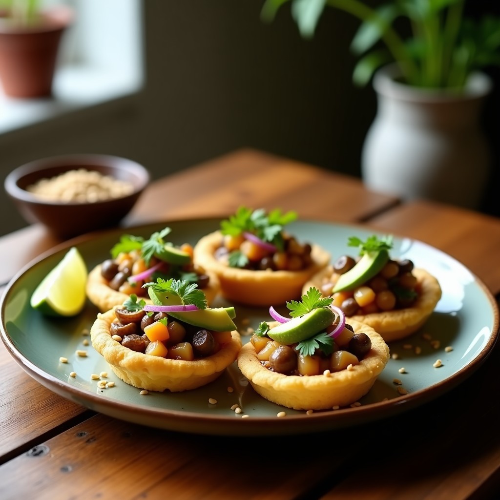 Tartaleta de masarepa dorada y crujiente con ceviche de champiñones portobello y shiitake marinado en limón, decorada con aguacate y semillas de sésamo, aperitivo colombiano vegano.