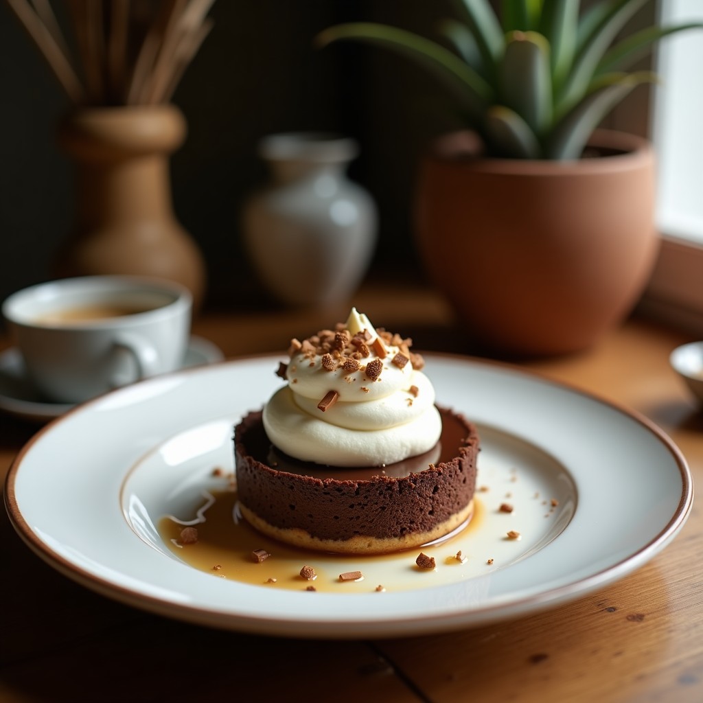 Tartaleta de mate y chocolate blanco en molde individual, con base dorada de galleta de arroz, capa cremosa de chocolate blanco con vetas de mate, y topping de almendras tostadas y cacao nibs sobre fondo rústico de madera.
