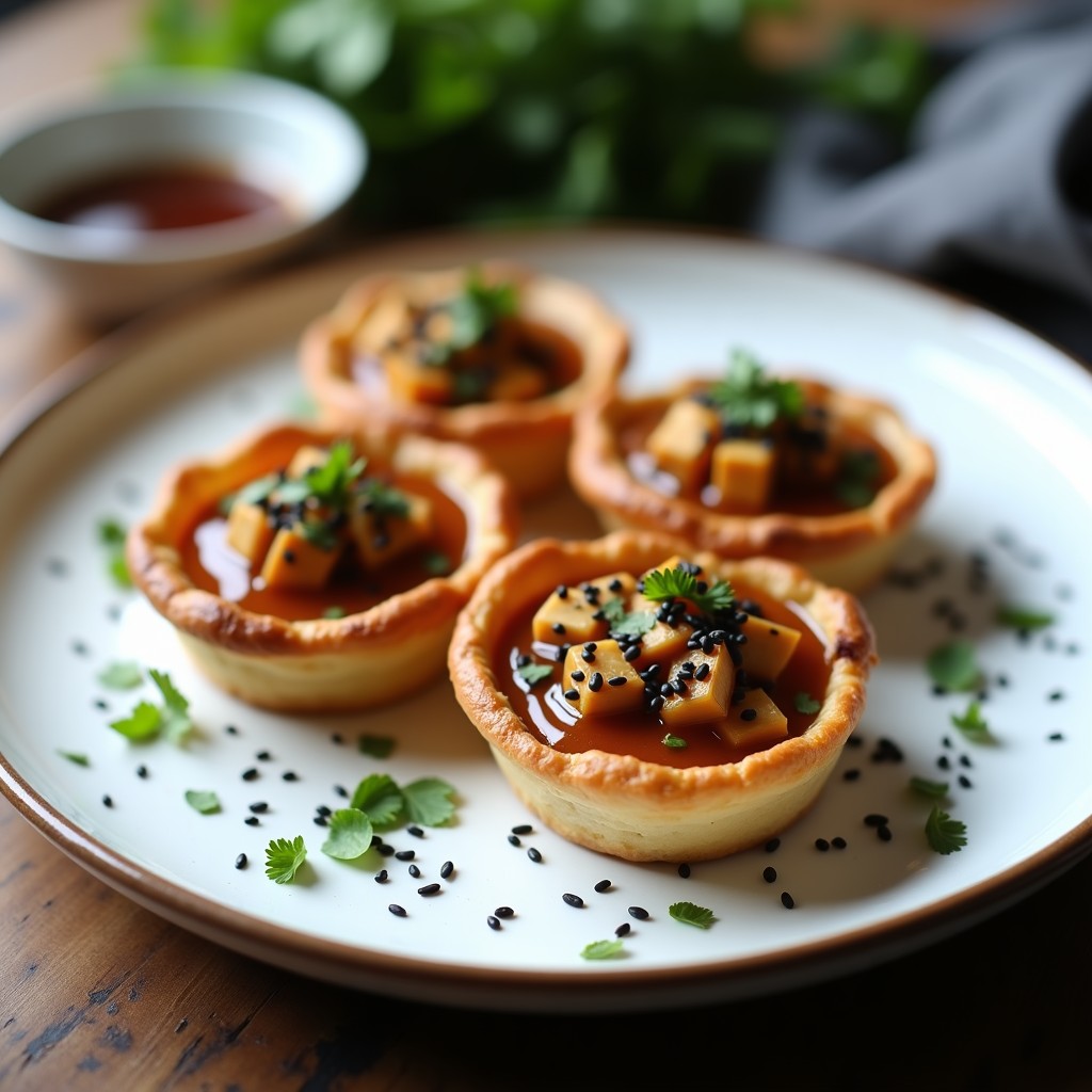 Tartaletas doradas con relleno cremoso de tofu ahumado y cobertura brillante de miso caramelizado, decoradas con semillas de sésamo negro sobre un plato de cerámica blanca.