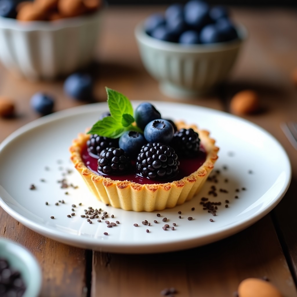 Tartaleta individual sin horno con base dorada de almendras y dátiles, rellena de moras y arándanos frescos, decorada con semillas de chía y hojas de menta, sobre un plato de cerámica blanca.