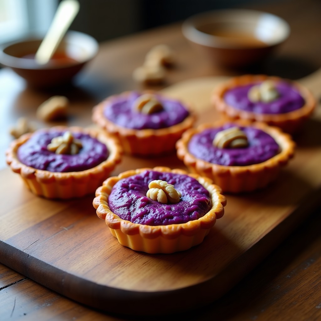 Tartaletas moradas veganas de boniato y cúrcuma en airfryer, con nueces picadas y textura esponjosa, servidas en molde individual rústico.