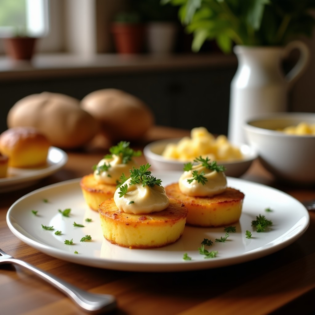 Tartaletas doradas de masa quebrada rellenas de rodajas finas de patata, morcilla desmenuzada y láminas de foie gras brillantes, servidas en una bandeja de madera rústica con decoración de microvegetales.