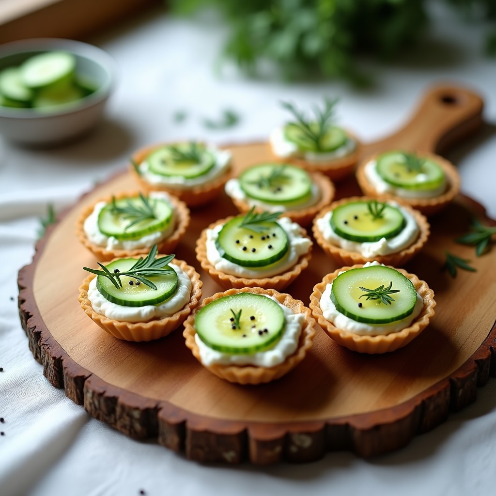 Tartaletas redondas crujientes rellenas de crema de queso feta y eneldo, coronadas con rodajas de pepino inglés y brotes de rúcula, sobre una bandeja de madera rústica.