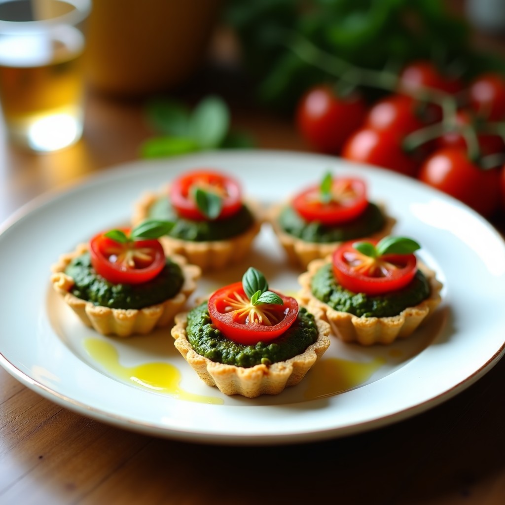 Tartaleta vegana con base dorada de semillas de girasol, rellena de pesto verde-azulado de espirulina y decorada con tomates secos picados, sobre fondo de madera rústica con albahaca fresca.