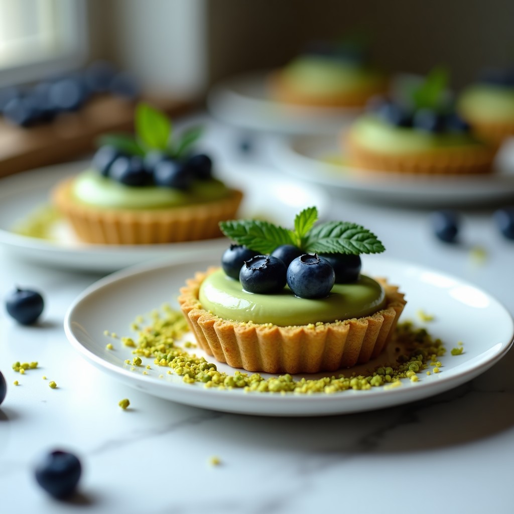 Tartaleta individual sin horno con base crujiente de pistacho y dátiles, rellena de crema de queso y yogur griego, decorada con arándanos frescos y pistachos triturados.