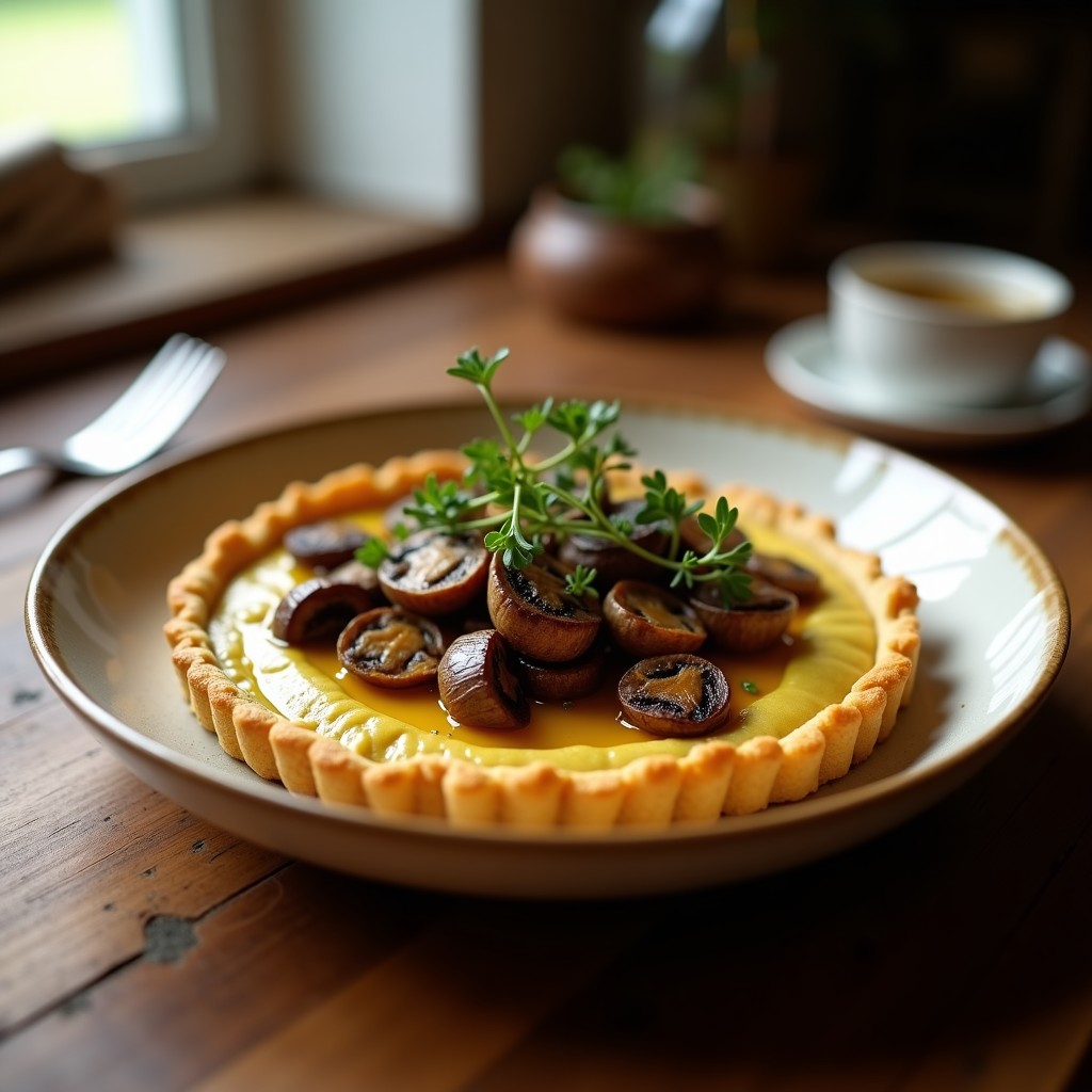 Tartaleta vegana de Champiñones Portobello y puré de castañas en molde dorado, con base crujiente de harina de almendra y relleno cremoso, decorada con espinacas frescas y semillas de chía.
