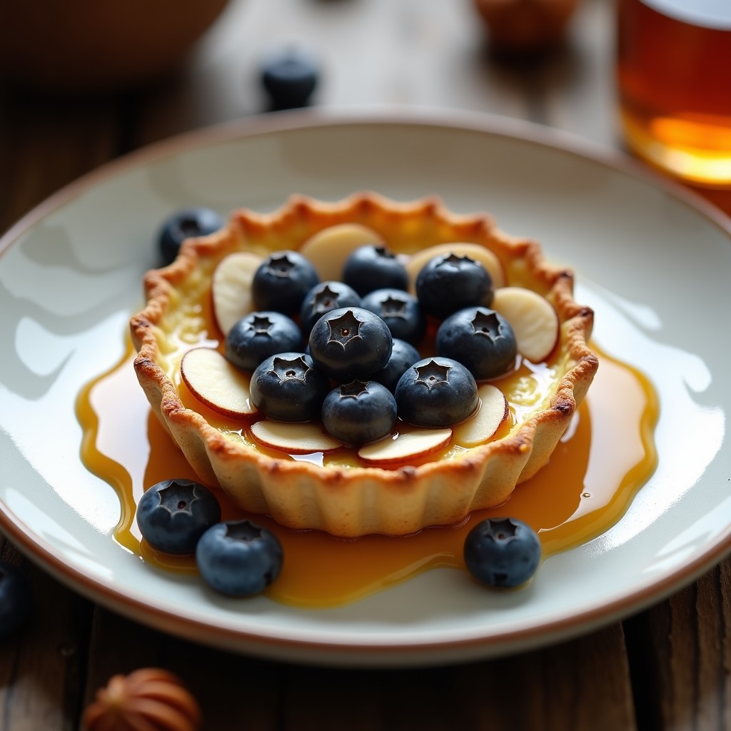 Tartaleta francesa sin azúcar con base dorada de almendra, relleno cremoso de queso de cabra, arándanos frescos brillantes y reducción de miel dorada y espesa, servida en molde individual sobre fondo rústico de madera.