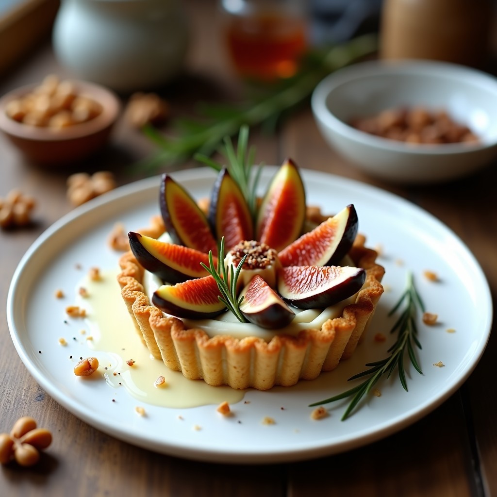 Tartaleta individual con base dorada de nueces y dátiles, rellena de queso de cabra cremoso y coronada con higos caramelizados abiertos en forma de flor. Decorada con hojas de romero, miel brillante y sal en escamas, sobre un plato de cerámica blanca.