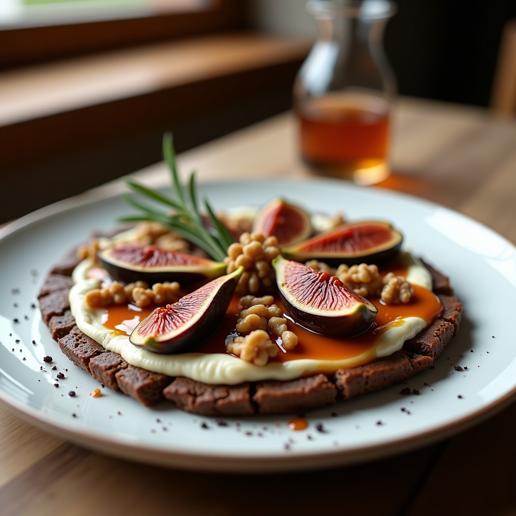 Tartaleta francesa de queso de cabra y higos caramelizados en base de galette de sarrasin, decorada con nueces picadas, vinagre balsámico reducido y tomillo fresco. Plato gourmet con toque dulce-salado, servido en molde individual dorado.