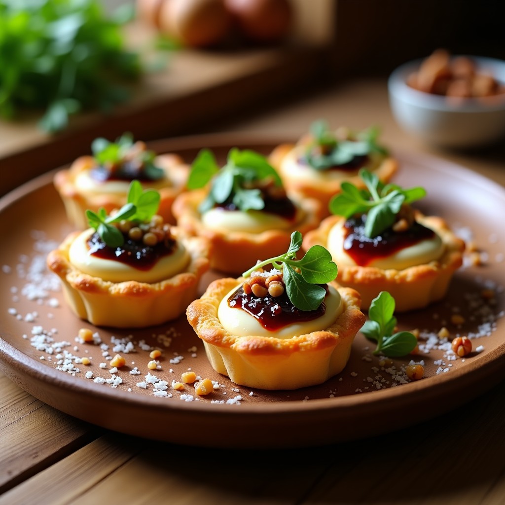 Tartaletas individuales con base dorada de galleta de avena, rellenas de queso de cabra cremoso y coronadas con mermelada de higos brillante, nueces tostadas picadas y hojas de tomillo fresco. Plato gourmet elegante sobre fondo rústico de madera.