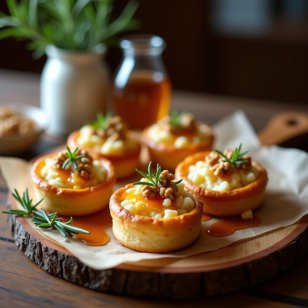 Tartaletas doradas de hojaldre rellenas de queso de cabra cremoso, decoradas con miel ahumada, nueces picadas y romero fresco sobre un plato de madera rústico.