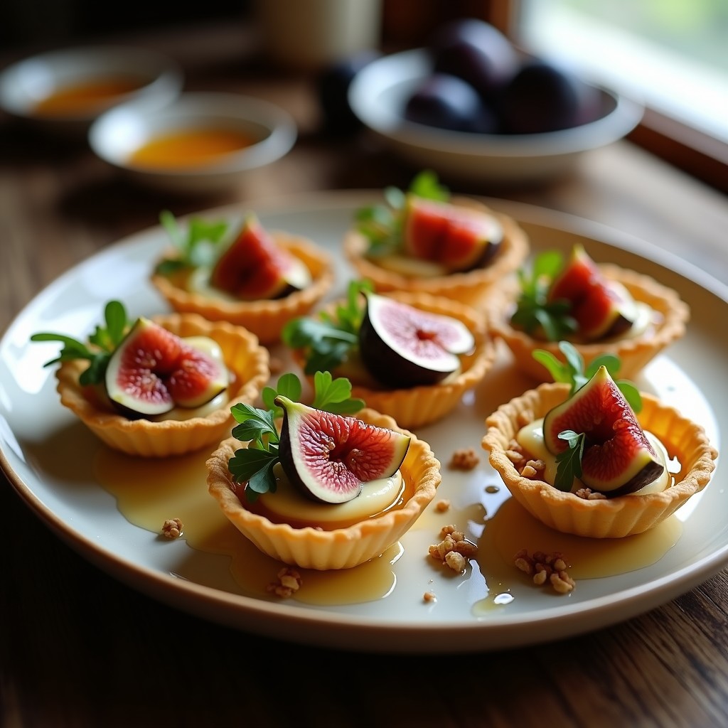 Tartaletas individuales de queso de cabra y miel en molde dorado, con higos frescos en abanico, nueces picadas y rúcula, receta gourmet y elegante.
