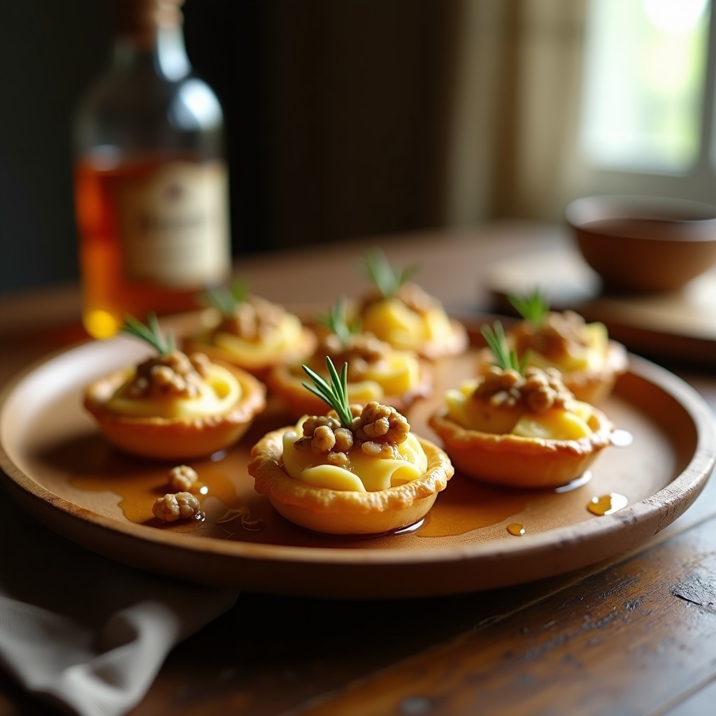 Tartaletas doradas de masa quebrada rellenas de queso de cabra desmenuzado, nueces picadas y un hilo de miel, decoradas con romero fresco sobre un plato de madera rústico.