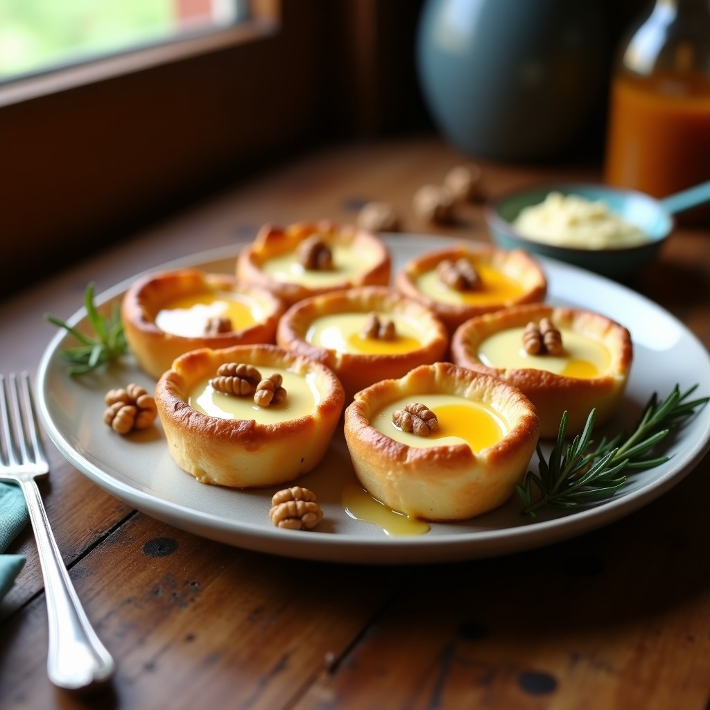 Tartaletas de queso de cabra y miel de romero en olla express, con masa dorada y crujiente, rellenas de crema suave de queso, coronadas con miel brillante y nueces picadas sobre fondo rústico.