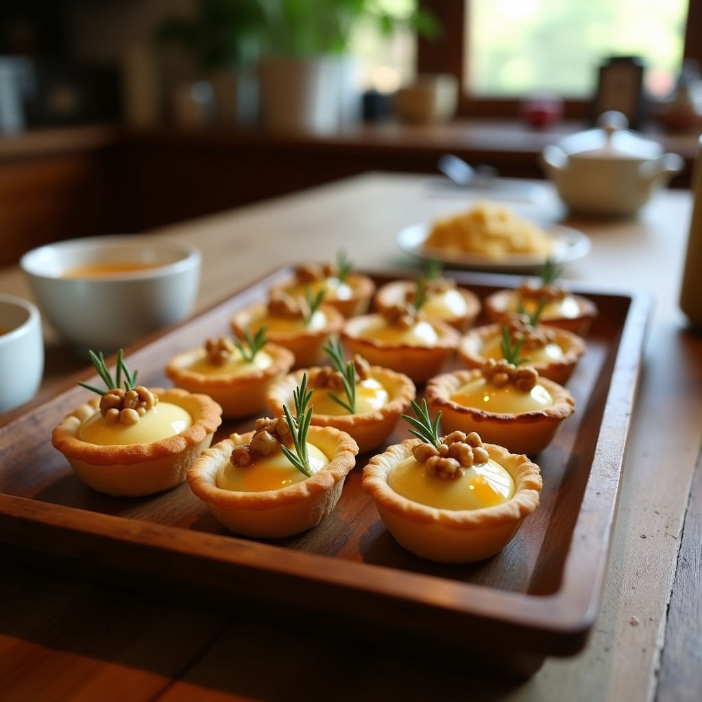 Tartaletas doradas con base crujiente rellenas de queso de cabra cremoso, nueces picadas y un hilo de miel brillo, decoradas con romero fresco sobre una bandeja de madera.