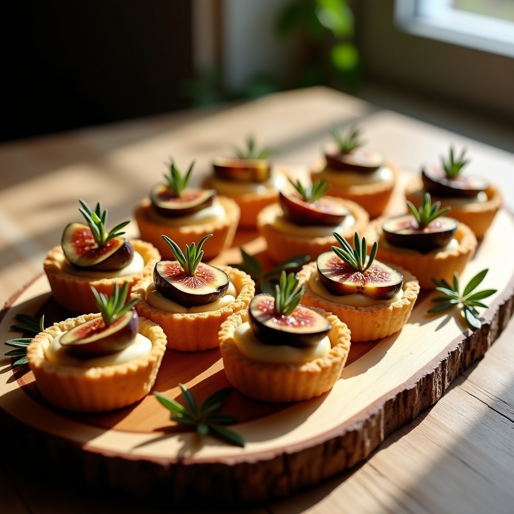 Tartaletas individuales de masa quebrada dorada rellenas de queso de cabra cremoso, decoradas con láminas de higo fresco, nueces picadas, miel de trufa negra y hojas de romero sobre una tabla de madera rústica.
