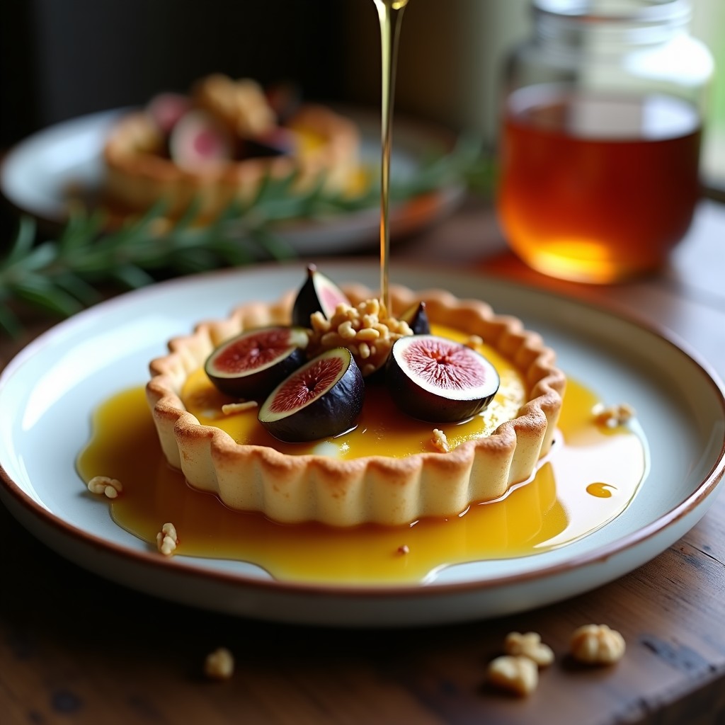 Tartaleta dorada con base de harina de almendra, rellena de queso de oveja cremoso, higos asados caramelizados y miel de romero brillante, decorada con nueces picadas y hojas de romero fresco sobre un plato de cerámica blanca.