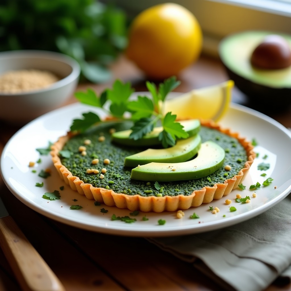 Tartaleta vegana de quinoa y alga espirulina en airfryer, con base dorada y crujiente, rellena de pimiento rojo y cebolla morada salteados, decorada con tomates cherry. Plato saludable, alto en proteína y sin gluten.
