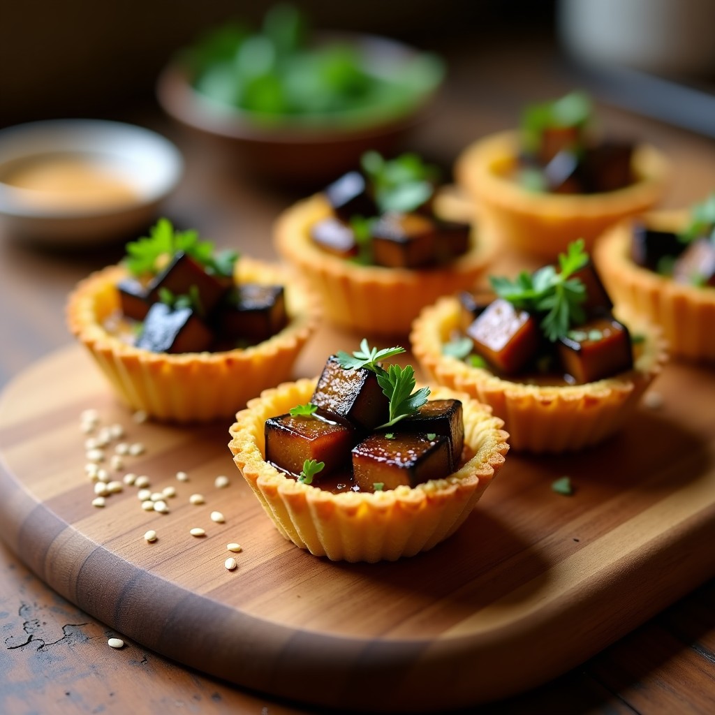 Tartaleta dorada de quinoa con base crujiente, rellena de berenjena confitada en ají amarillo y miel de chancaca, decorada con almendras fileteadas tostadas y hojas de cilantro fresco. Plato de aperitivo peruano sin gluten con textura contrastada.