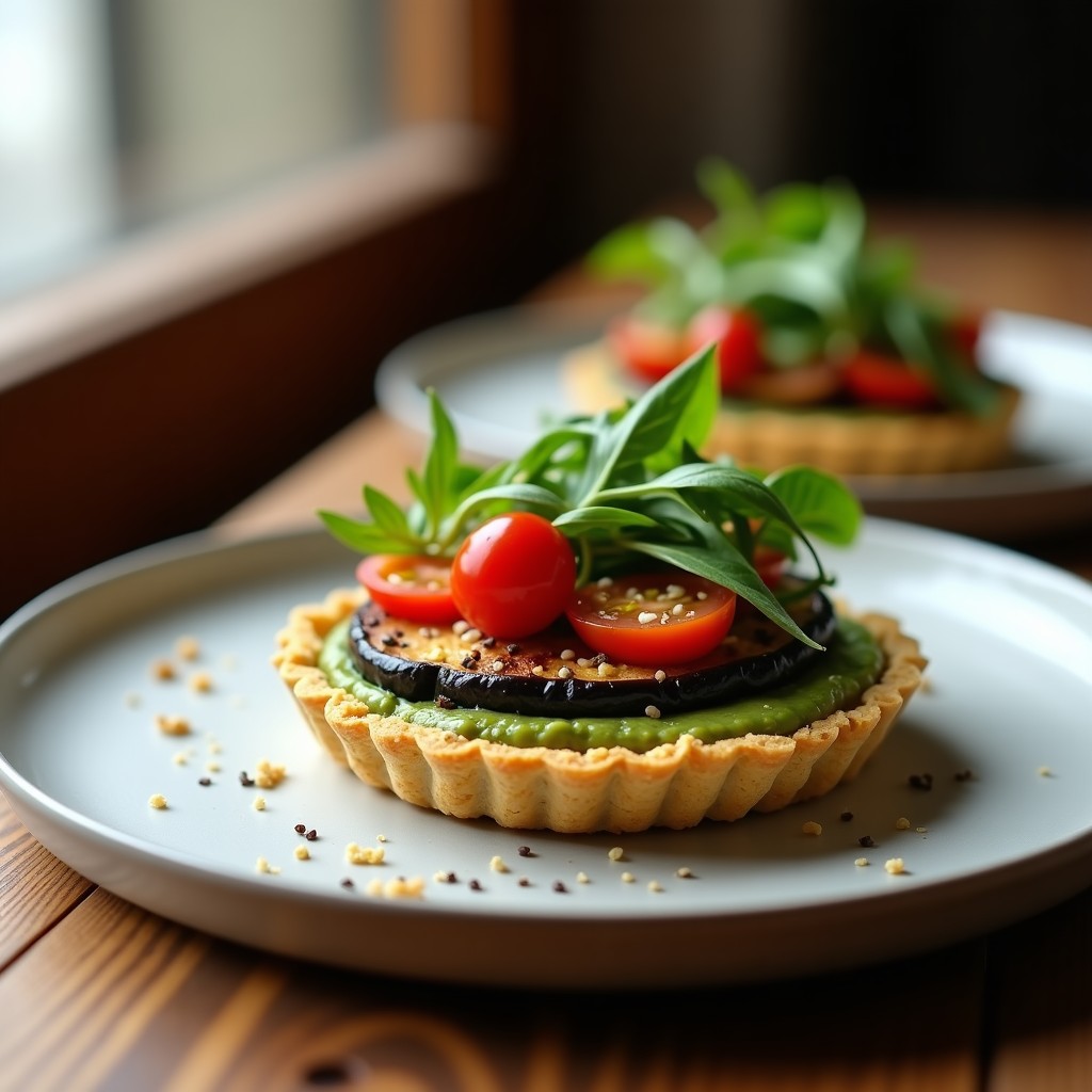 Tartaleta vegana sin horno con base de quinoa inflada y sésamo negro, capas de berenjena asada y pesto de albahaca cremoso, decorada con tomates cherry y semillas. Receta de tartaleta de quinoa y berenjena con pesto de albahaca.