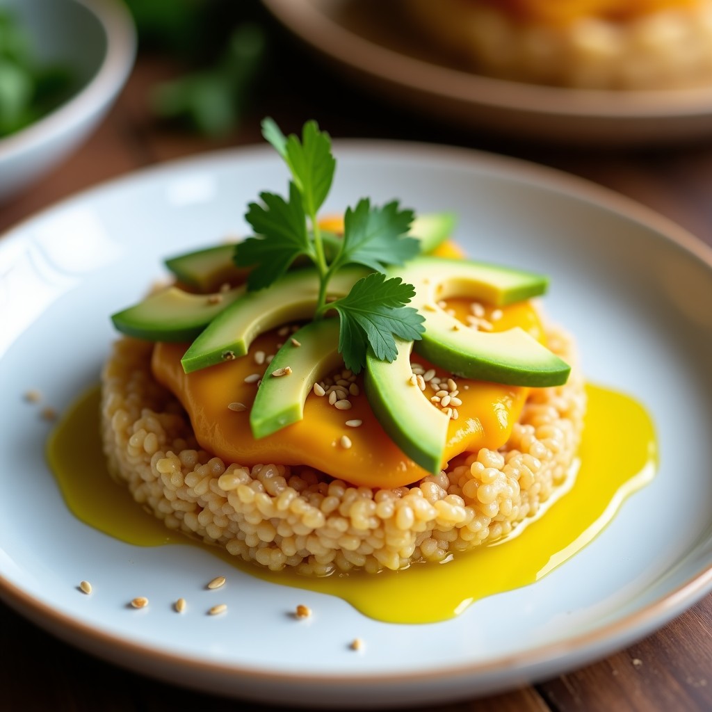 Tartaleta vegana peruviana sin horno con base crujiente de quinoa inflada, rellena de ceviche de palmito marinado en leche de tigre de mango y ají amarillo, decorada con aguacate y semillas de sésamo sobre un plato de cerámica blanca.