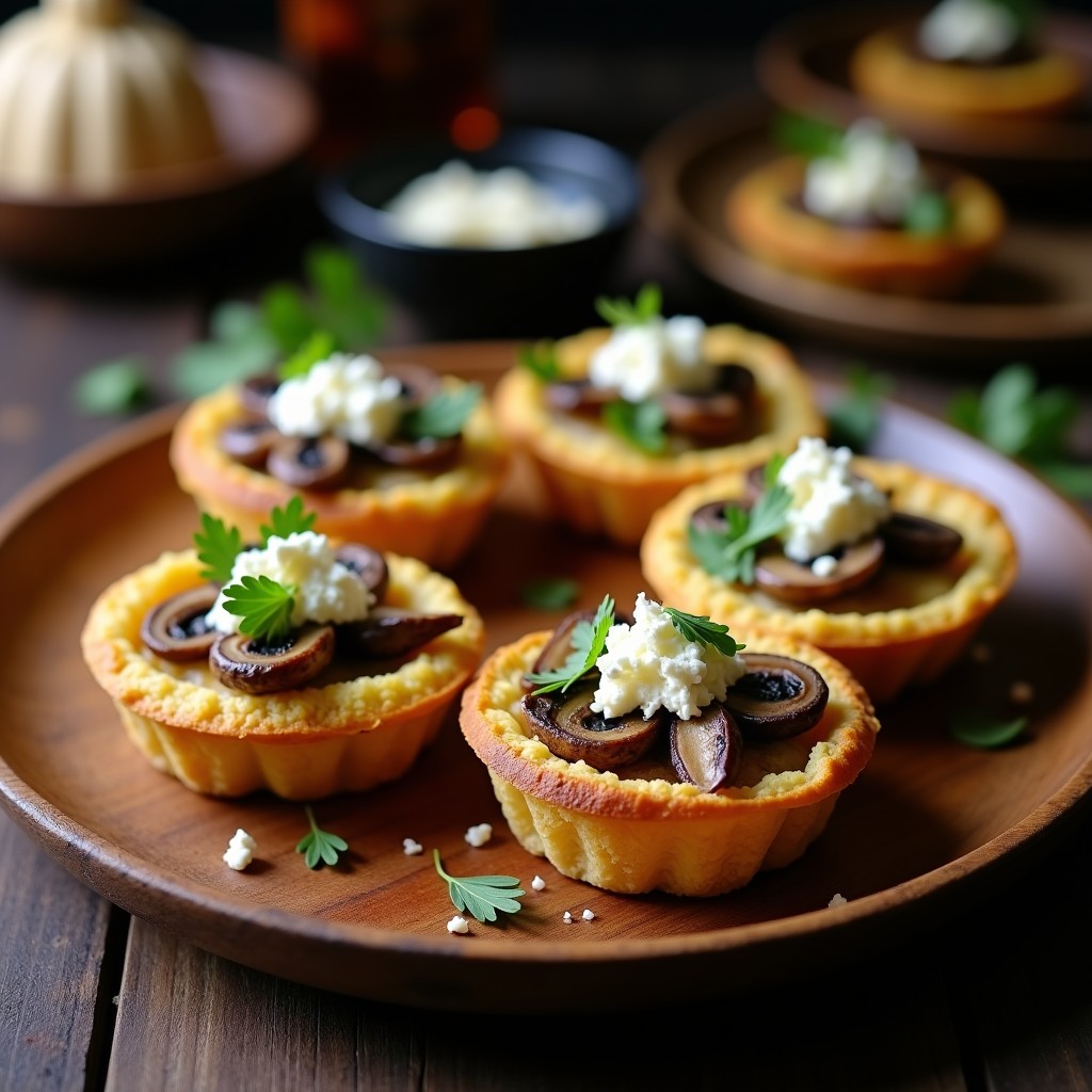 Tartaletas doradas de quinoa rellenas de champiñones portobello ahumados y cebolla morada, con un toque de queso feta desmenuzado, servidas en un plato de madera rústico.