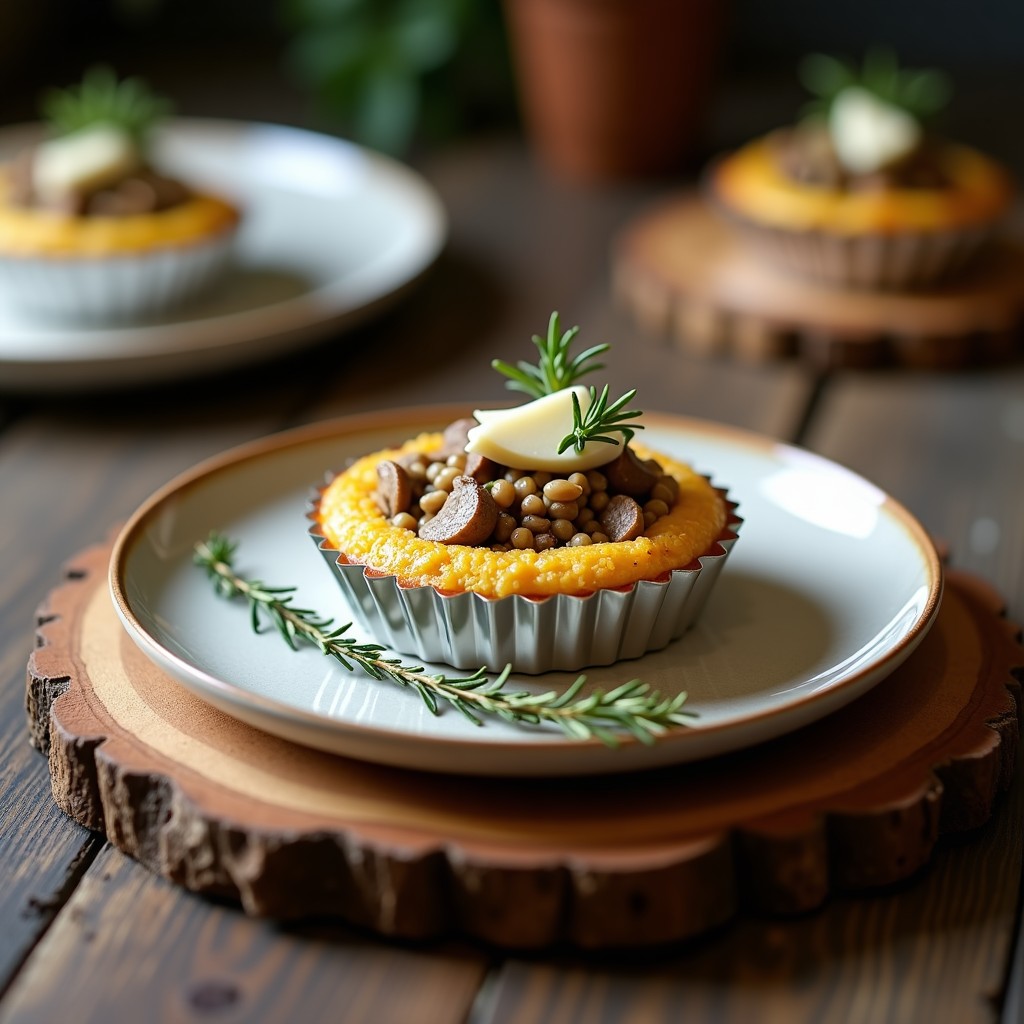 Tartaleta dorada de quinoa y harina de almendra rellena de champiñones Portobello salteados con trufa blanca, servida en molde metálico sobre tabla de madera rústica, receta Thermomix sin gluten.