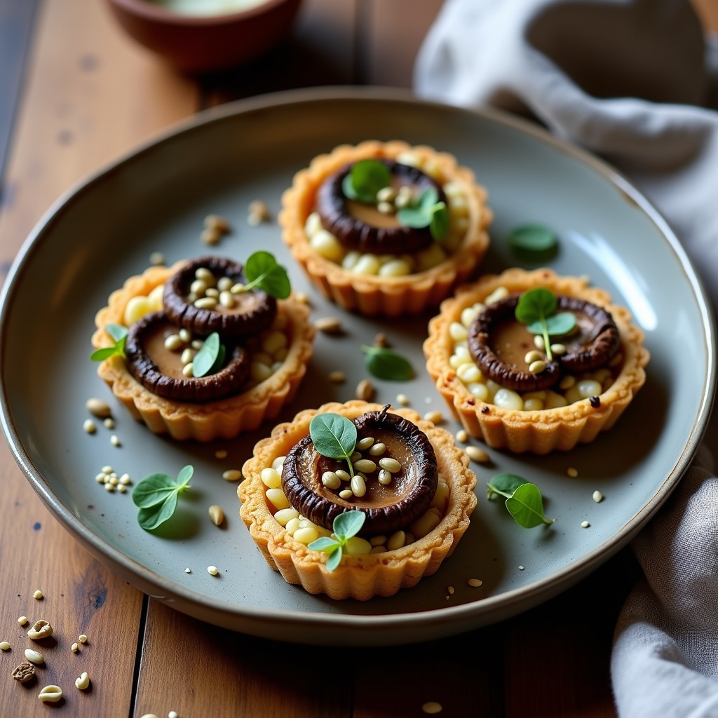 Tartaleta vegana sin horno con base de quinoa dorada y relleno de champiñones portobello salteados, decorada con anacardos triturados y perejil fresco sobre fondo rústico de madera.