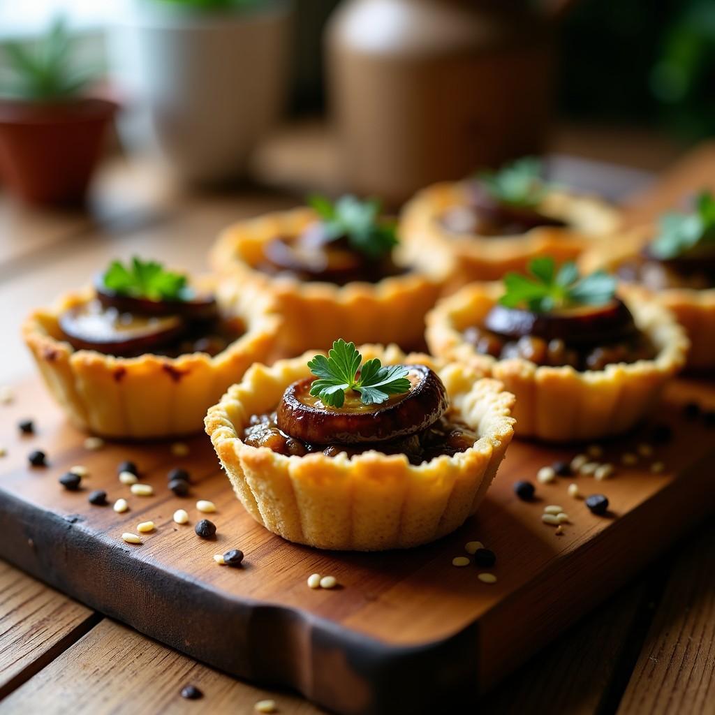 Tartaletas doradas de quinoa rellenas de champiñones portobello salteados con ajo y perejil, decoradas con semillas de sésamo, receta umami sin horno.