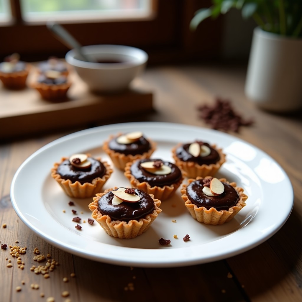 Tartaletas individuales de quinoa inflada y chocolate negro sobre plato de cerámica blanca, decoradas con almendras fileteadas y virutas de chocolate, postre sin horno.