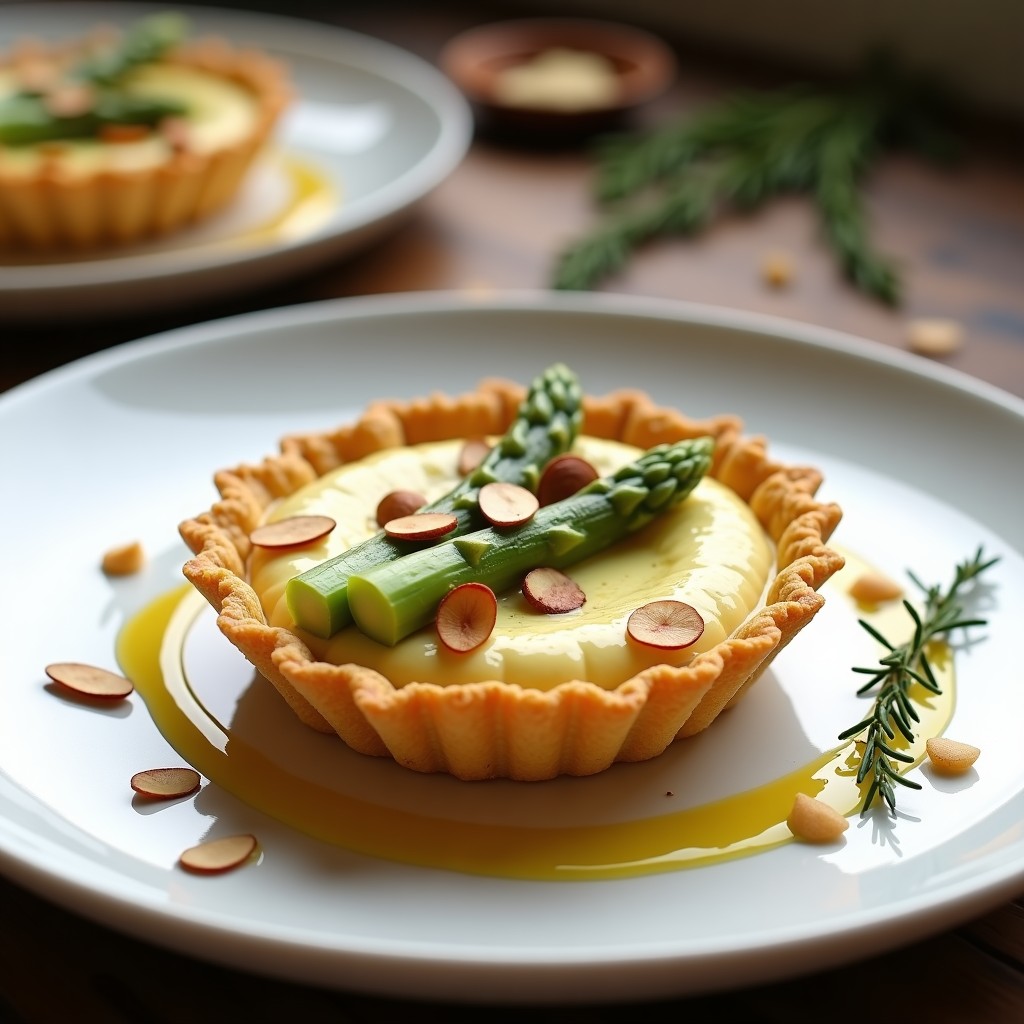 Tartaleta vegana sin gluten con base dorada de quinoa inflada y crema sedosa de espárragos blancos, decorada con puntas de espárrago y semillas de sésamo negro, servida en molde individual sobre tabla de madera.